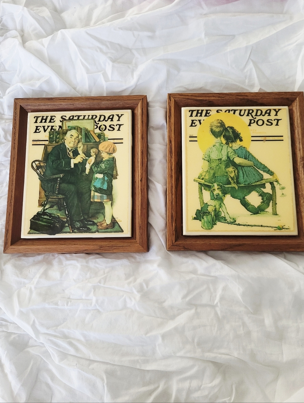2 Vintage Norman Rockwell Saturday Evening Post Framed Ceramic Trivet Hot Plate